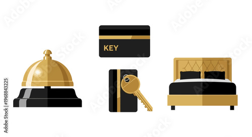 Essential hotel items set with service bell, key card, and comfortable bed on isolated white background