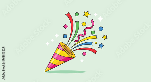 Party popper exploding with colorful confetti and streamers.