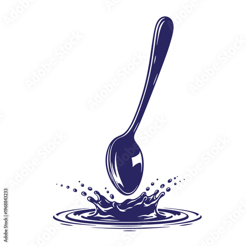 Dark blue silhouette of a metal spoon dipping into a liquid surface creating a circular splash with droplets isolated on a white background