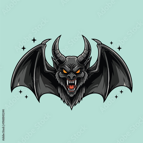 Illustration of a fearsome black demon with bat wings and glowing eyes.
