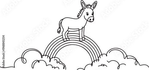 Single line draw of charming donkey standing or resting atop rainbow arch with fluffy cloud, bring sense of farm life to whimsical sky scene. Nature concept for cute animal. 