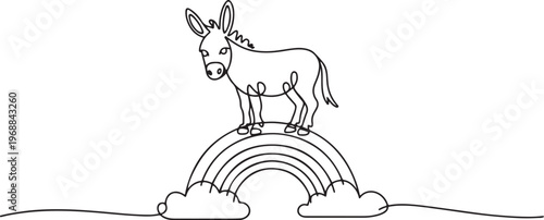 Single line draw of charming donkey standing or resting atop rainbow arch with fluffy cloud, bring sense of farm life to whimsical sky scene. Nature concept for cute animal. 
