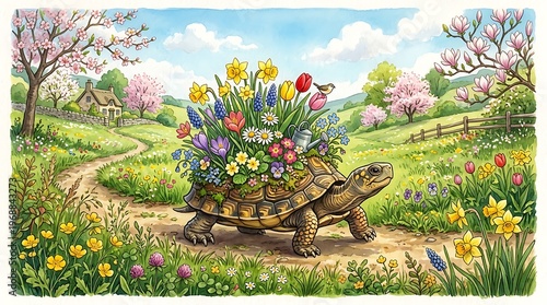 Turtle pushing wheelbarrow full of flowers.