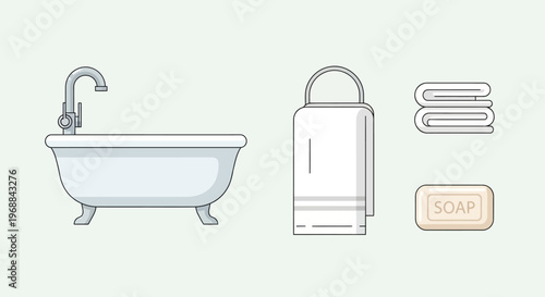 Bathroom essentials set with bathtub, rolled towel, and soap bar on isolated white background