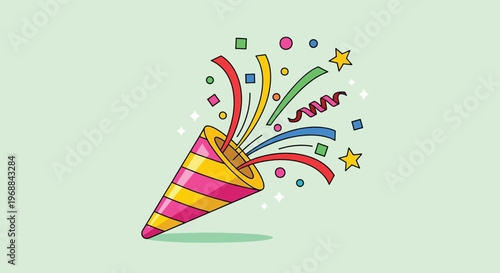 Party popper with colorful confetti and streamers.