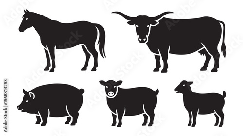 Farm animal silhouette icon set cow horse pig goat livestock agriculture vector collection black isolated flat design illustration