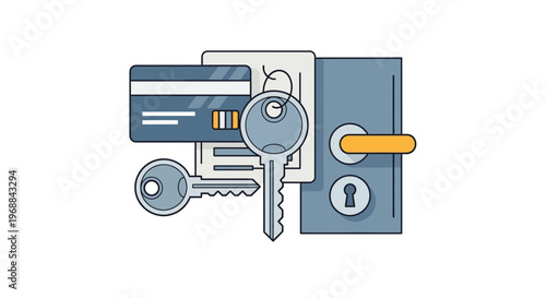 Hotel room access with modern key card, key, and door lock on isolated white background