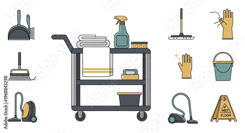 Hotel cleaning service supplies set with trolley, mop, and vacuum cleaner on isolated white background