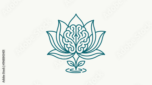Lotus Flower with Brain Outline Icon Symbolizing Wisdom and Mindfulness on Isolated White Background