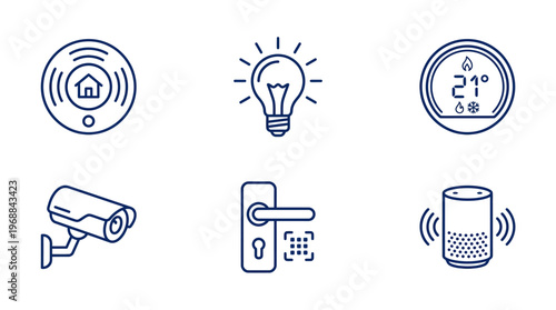 Collection of Smart Home and IoT Technology Line Icons for Security, Automation, and Connectivity on an Isolated White Background