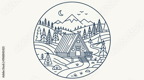 A-frame Cabin in a Serene Forest Mountain Landscape at Night, outdoor adventure, isolated white background.