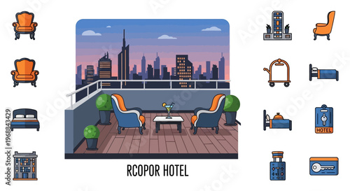 Luxury Rooftop Hotel Amenities with Cityscape View, Outdoor Lounge, and Modern Furniture in a Bright Studio Background
