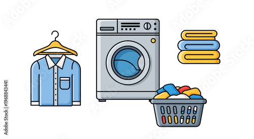 Laundry Service Icons with Washing Machine, Hanger, and Freshly Folded Towels in Isolated White Background