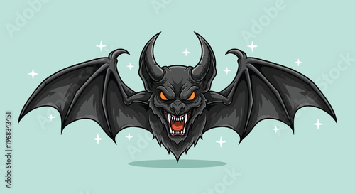 Scary Black Bat Monster with Horns and Wings.
