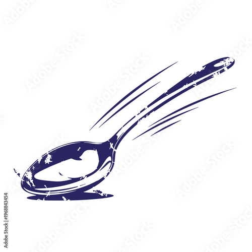 Dark blue silhouette of a metal spoon with motion speed lines and a distressed grunge texture isolated on a white background