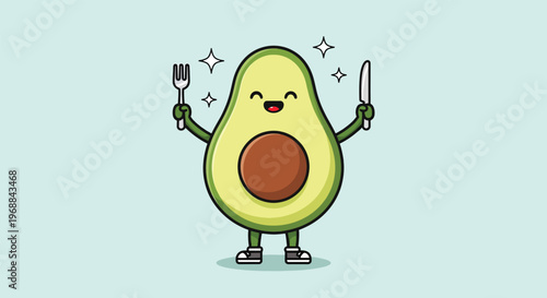 Smiling avocado mascot with fork and knife for healthy eating.