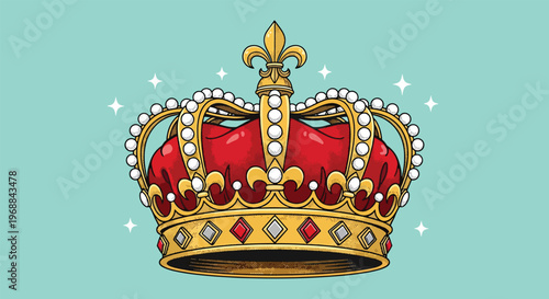 Regal Golden Crown Adorned with Sparkling Jewels and Red Velvet.
