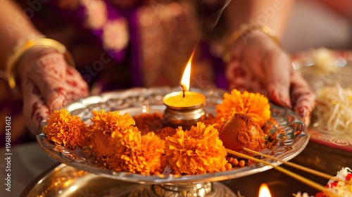 Woman holding metal plate with burning diya lamp and marigold flower for Gudi Padwa. Indian festival celebration, traditional puja ritual, spiritual prayer, culture, religion, light.