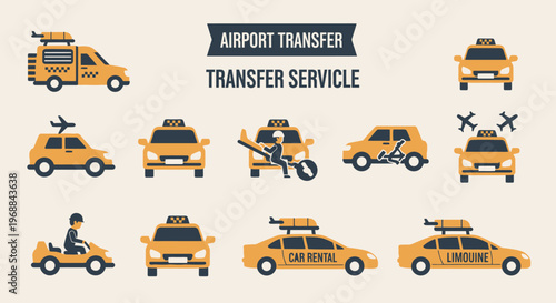 Airport Transfer and Taxi Service Vehicles Flat Icons Collection, isolated white background.