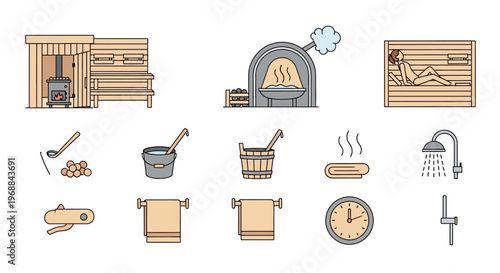 Sauna and Spa Facilities and Relaxation Elements Flat Icons Collection, isolated white background.