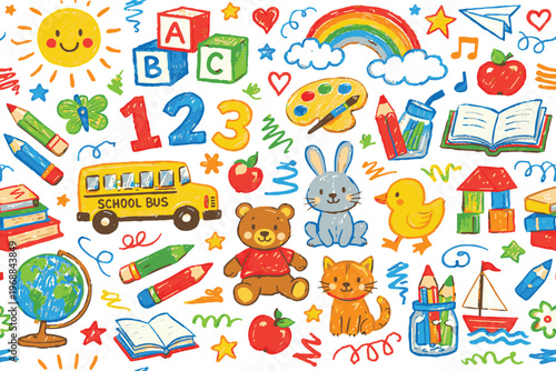 Creative Back to School Elements Set with Animals, Stationery, and Toys in Doodle Style