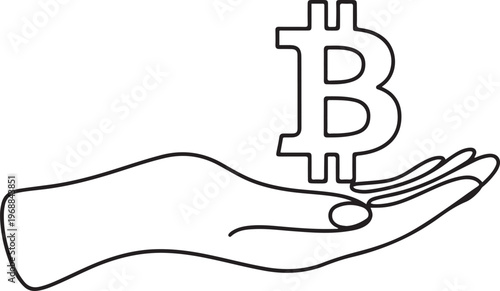A hand showing the Bitcoin symbol. Bitcoin one-line drawing. One line draw graphic design vector