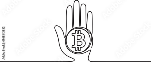 A hand showing the Bitcoin symbol. Bitcoin one-line drawing. One line draw graphic design vector