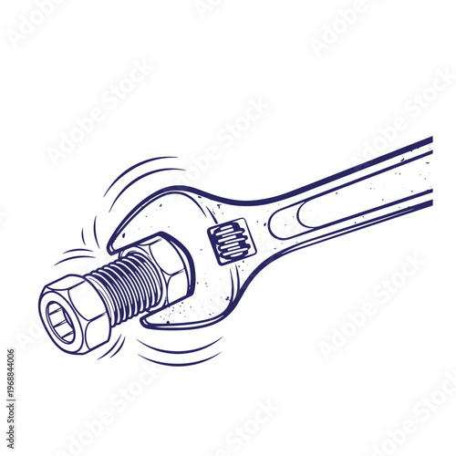 Line of an adjustable wrench tightening a metal hex nut on a threaded bolt with motion lines indicating rotation and mechanical action