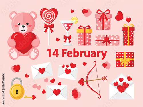 Valentines Day celebration with cute cartoon illustrations of gifts hearts and teddy bear on pink background  festive icons for lovers