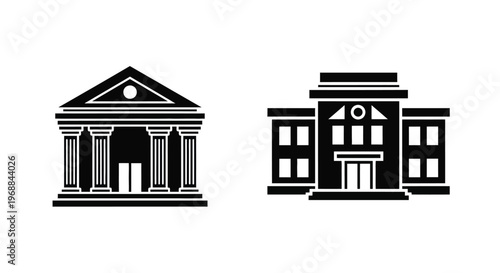 Two black and white building icons a classical temple and a town house
