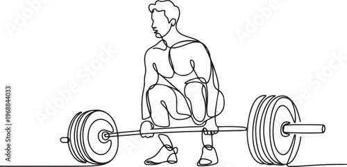 Single continuous line drawing of young strong weightlifter man preparing for barbell workout in gym. Weight lifting training concept. One line draw graphic design vector