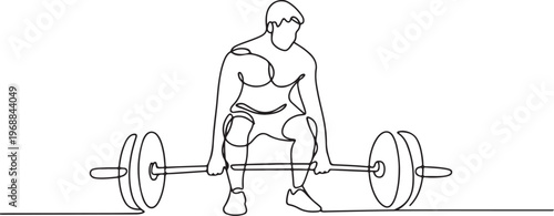 Single continuous line drawing of young strong weightlifter man preparing for barbell workout in gym. Weight lifting training concept. One line draw graphic design vector