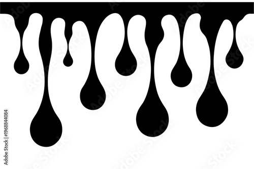 A black liquid dripping down a white background in a vector graphic design