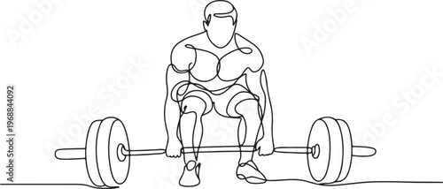 Single continuous line drawing of young strong weightlifter man preparing for barbell workout in gym. Weight lifting training concept. One line draw graphic design vector