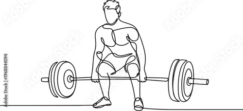 Single continuous line drawing of young strong weightlifter man preparing for barbell workout in gym. Weight lifting training concept. One line draw graphic design vector