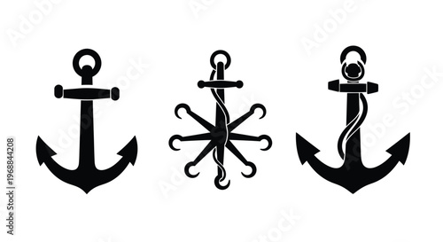 Three black anchors of varying styles are displayed on a white background