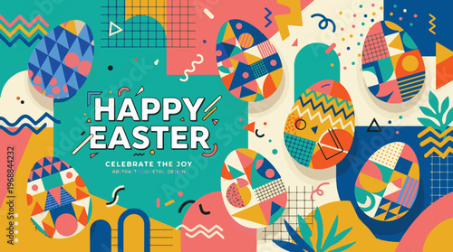 Happy Easter greeting banner with colorful geometric eggs in memphis style