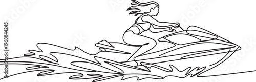 woman riding jet ski power boat on splash wave. One line art of water sport outdoor summer fun holiday activity.One line draw graphic design vector