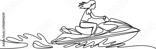 woman riding jet ski power boat on splash wave. One line art of water sport outdoor summer fun holiday activity.One line draw graphic design vector