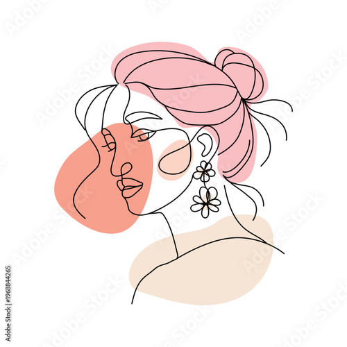 Female linear vector portrait with abstract pastel shapes in minimalist aesthetic style for beauty and fashion branding