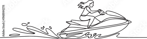 woman riding jet ski power boat on splash wave. One line art of water sport outdoor summer fun holiday activity.One line draw graphic design vector