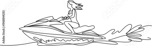 woman riding jet ski power boat on splash wave. One line art of water sport outdoor summer fun holiday activity.One line draw graphic design vector