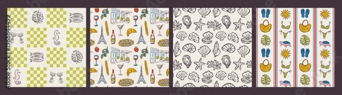 Whimsical hand drawn summer seamless pattern in trendy hand drawn style. Perfect background for quirky italian wedding holiday, poster cards, dinner and bar menu, fabric, wrapping paper