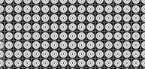 Geometric seamless pattern, concentric circles and squares grid, black, white, gray. Modern abstract repetitive background texture with optical art style.