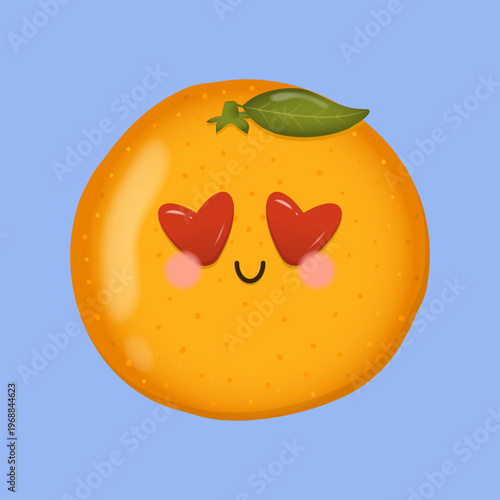 Cute mandarin character love. Kawaii citrus fruit emoji face vector illustration