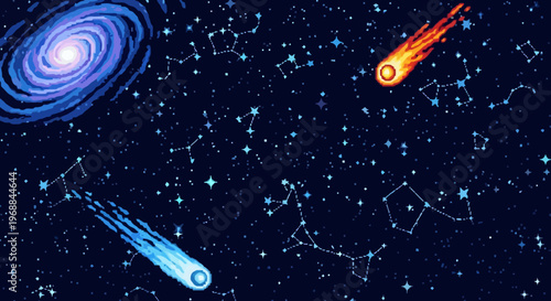 Galactic, cosmic, space background, astronomy vector, stars, constellations, meteors, night sky