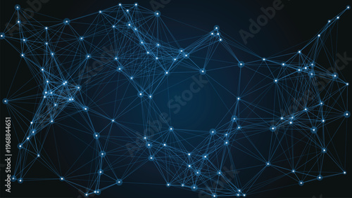 Network connections and relationships in a digital web of nodes and lines on a dark background