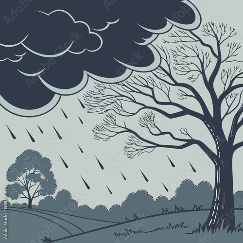 A rainy scene with a bare tree and a dark cloud