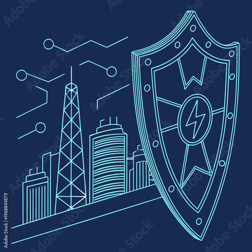 A shield with a lock is protecting a city skyline