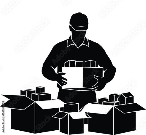 Delivery person with packages a black and white illustration